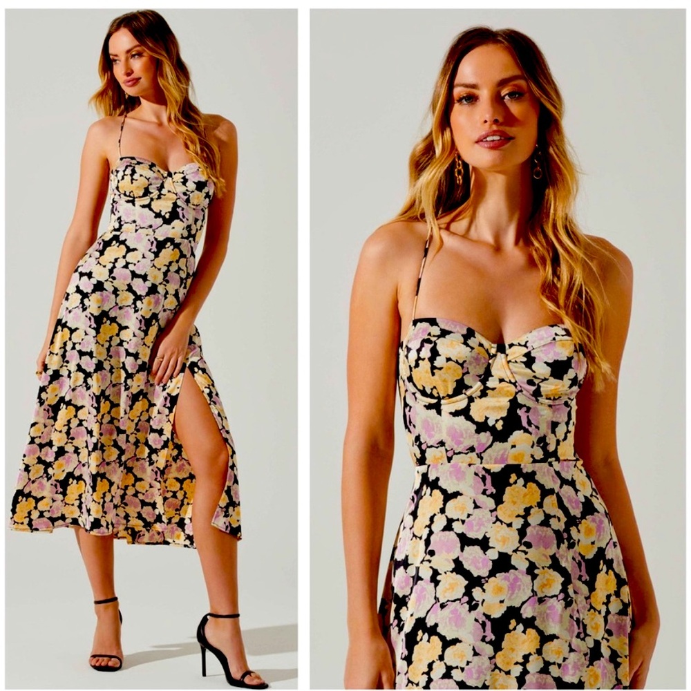Astr Gala Floral Bustier Cross Strap Midi Dress Black Purple Floral